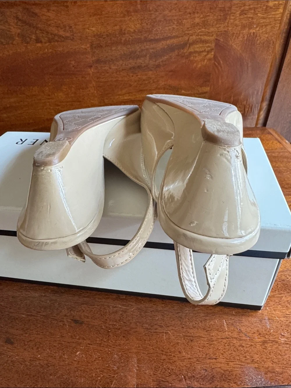 Etienne Aigner Women's Nude Beige Patent Slingback Peep-Toe Wedges